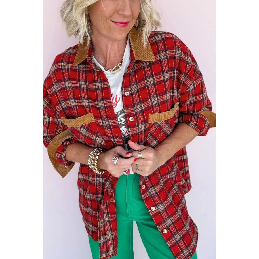 Plaid Corduroy Trim Dropped Shoulder Shacket Apparel and Accessories