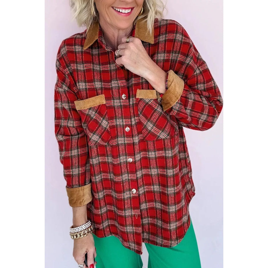 Plaid Corduroy Trim Dropped Shoulder Shacket Scarlet / S Apparel and Accessories
