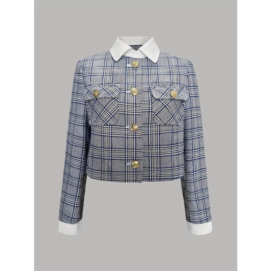 Plaid Cropped Outerwear with Contrast Collar and Gold Buttons Apparel Accessories