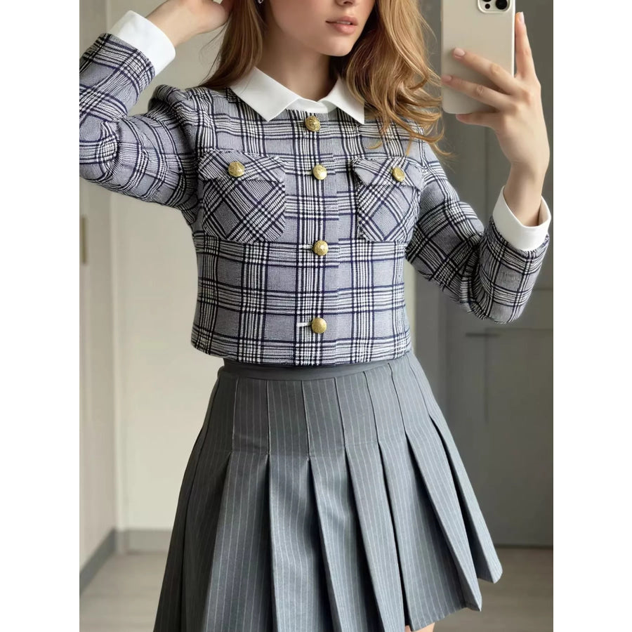 Plaid Cropped Outerwear with Contrast Collar and Gold Buttons Gray / S Apparel Accessories