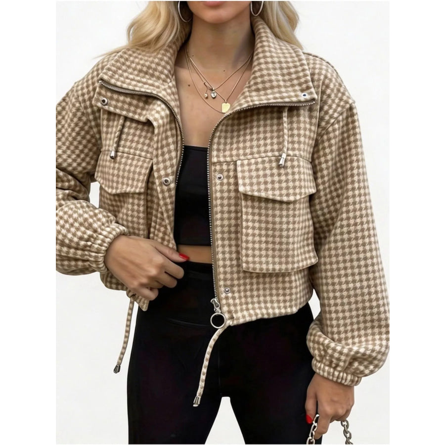 Plaid Cropped Zip-Up Jacket Apricot / S Apparel and Accessories