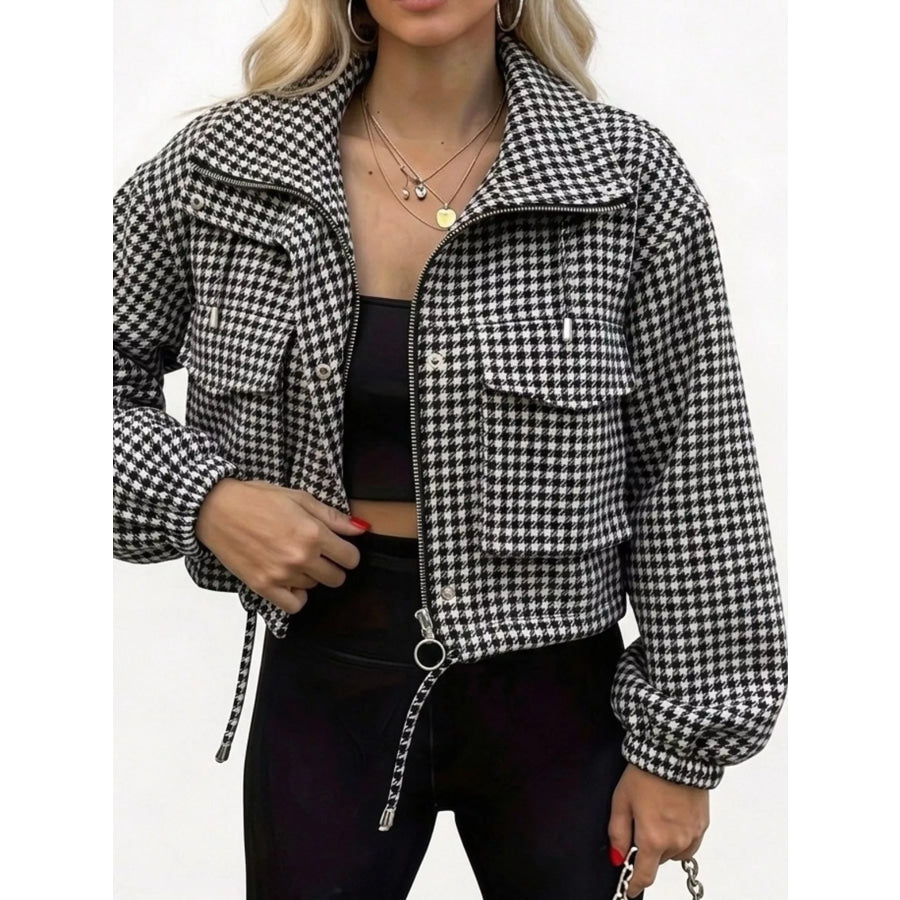 Plaid Cropped Zip-Up Jacket Black And White / S Apparel Accessories