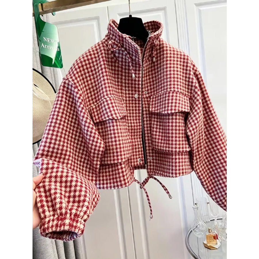 Plaid Cropped Zip-Up Jacket Burgundy / S Apparel and Accessories