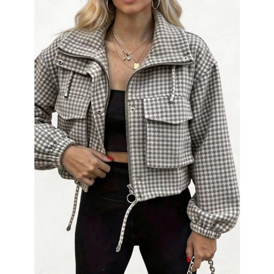 Plaid Cropped Zip-Up Jacket Gray / S Apparel and Accessories