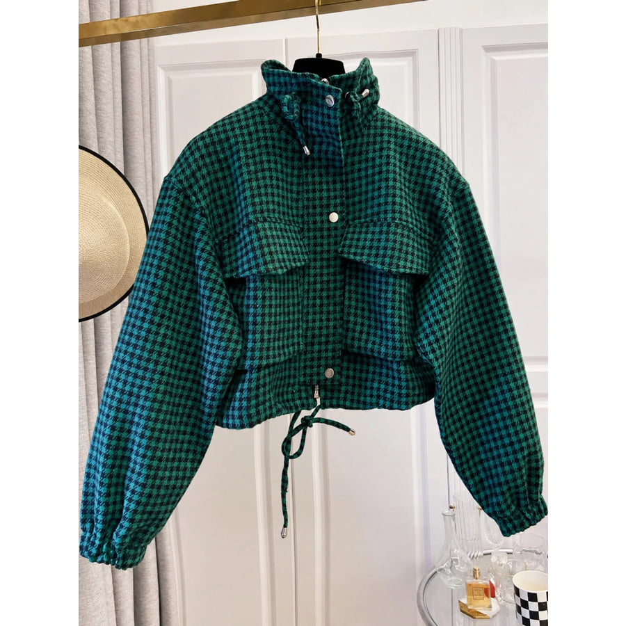 Plaid Cropped Zip-Up Jacket Green / S Apparel and Accessories