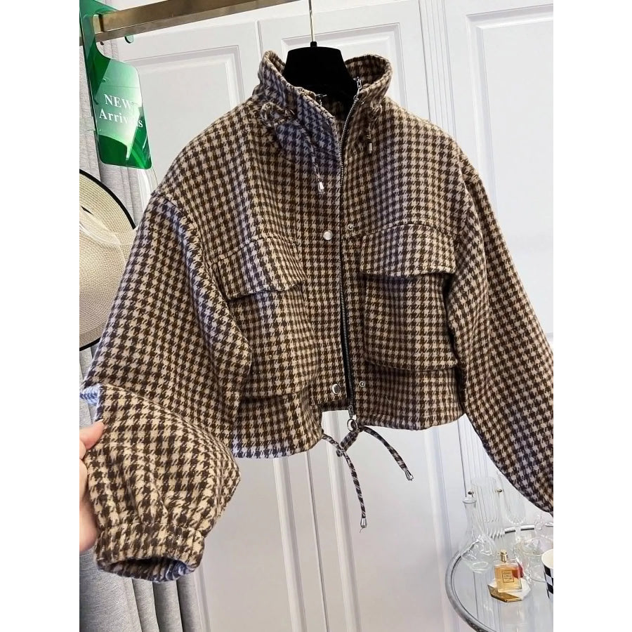 Plaid Cropped Zip-Up Jacket Light Brown / S Apparel and Accessories