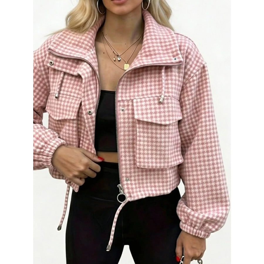 Plaid Cropped Zip-Up Jacket Pink / S Apparel and Accessories