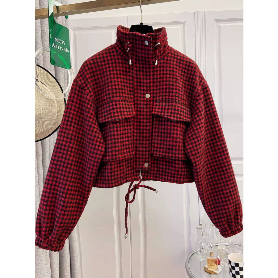 Plaid Cropped Zip-Up Jacket Red / S Apparel and Accessories