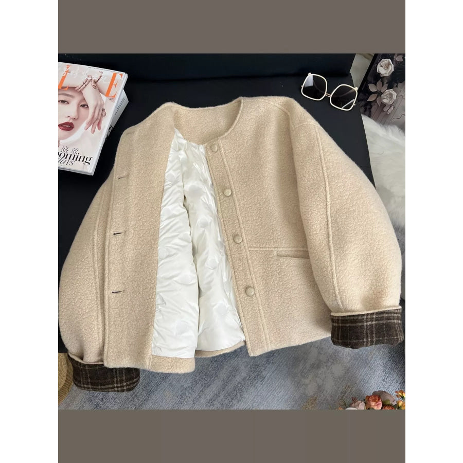 Plaid Cuffs Button Up Jacket Off-White-Cotton-Padded-Thickened / S Apparel and Accessories