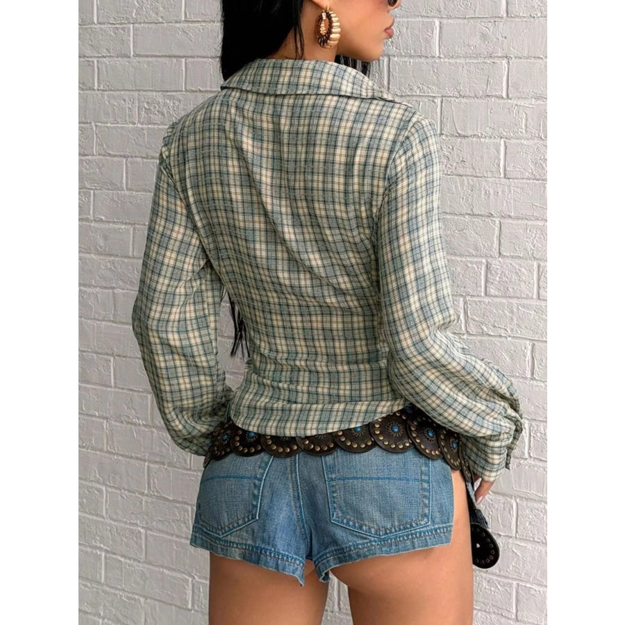 Plaid Deep V-Neck Long Sleeve Slim Fit Blouse Apparel and Accessories
