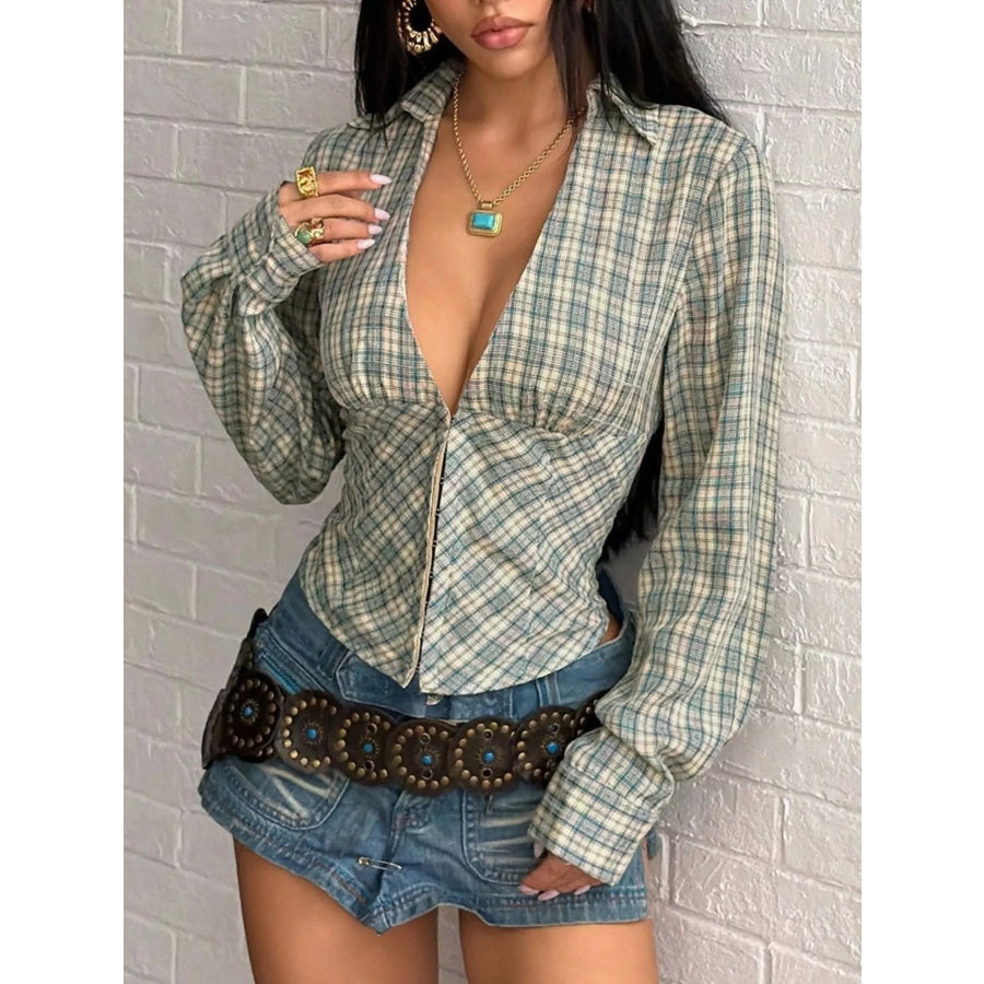 Plaid Deep V-Neck Long Sleeve Slim Fit Blouse Apparel and Accessories