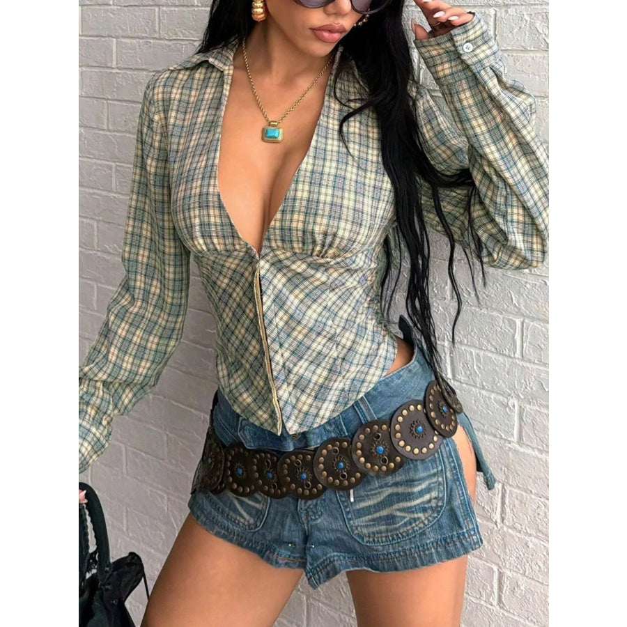 Plaid Deep V-Neck Long Sleeve Slim Fit Blouse Blue / S Apparel and Accessories