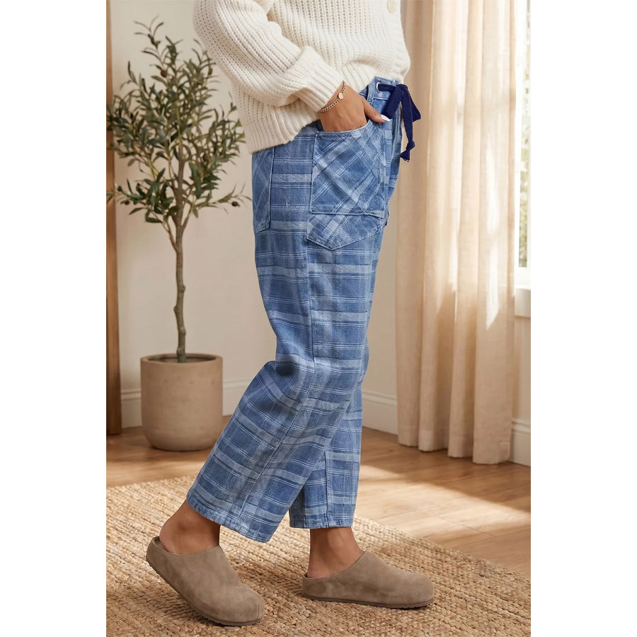 Plaid Denim Grommet Drawstring Waist Ankle-Length Jeans Apparel and Accessories