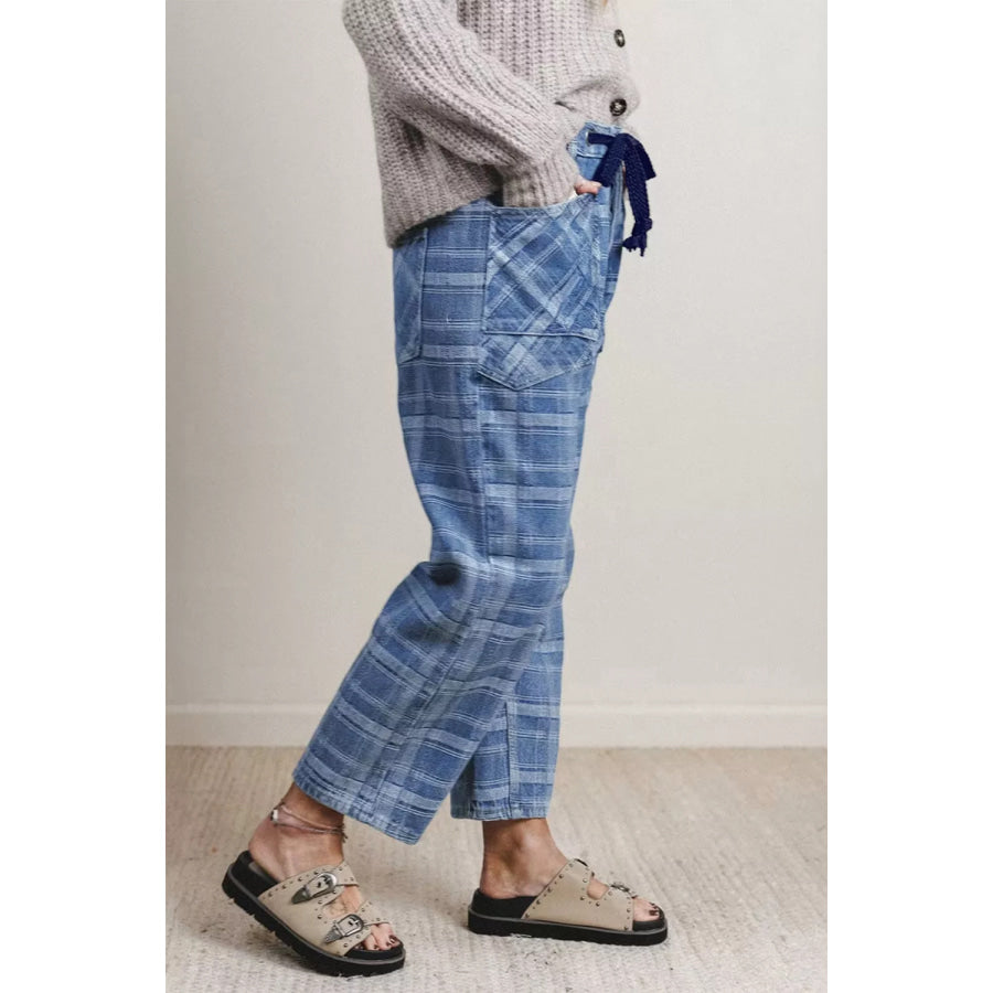 Plaid Denim Grommet Drawstring Waist Ankle-Length Jeans Apparel and Accessories