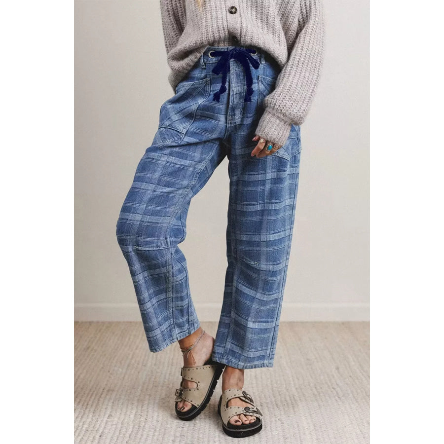 Plaid Denim Grommet Drawstring Waist Ankle-Length Jeans Apparel and Accessories