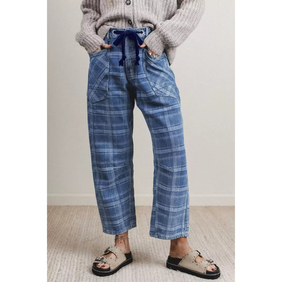 Plaid Denim Grommet Drawstring Waist Ankle-Length Jeans Apparel and Accessories