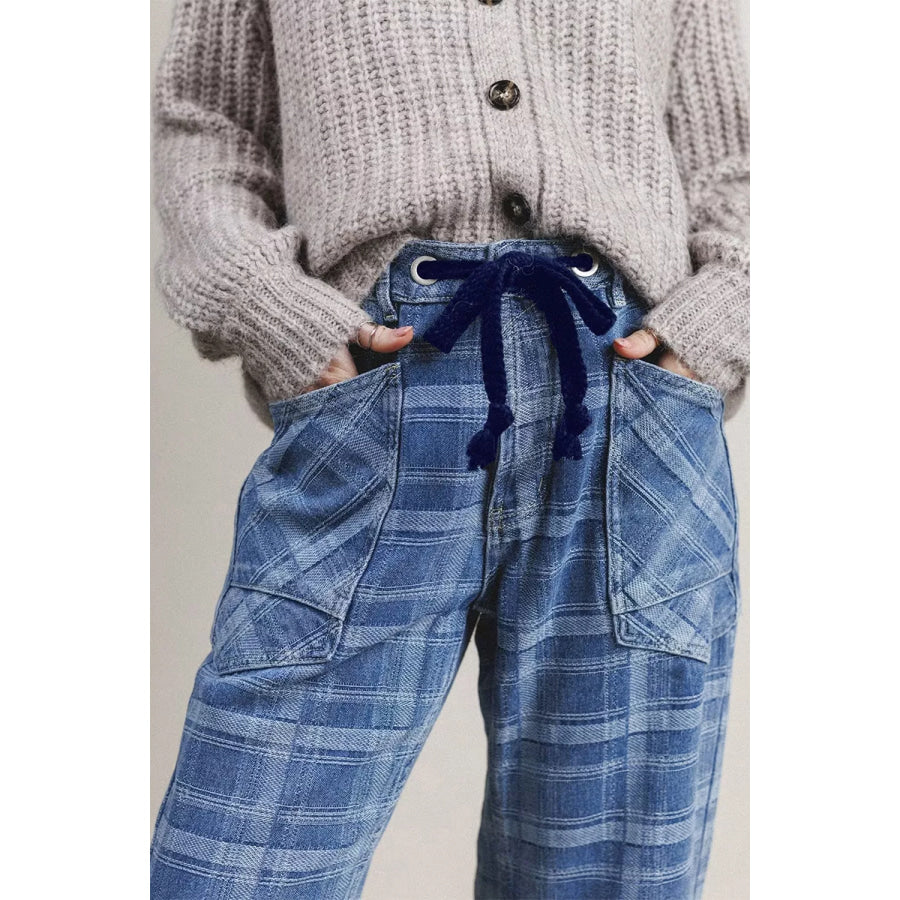 Plaid Denim Grommet Drawstring Waist Ankle-Length Jeans Apparel and Accessories