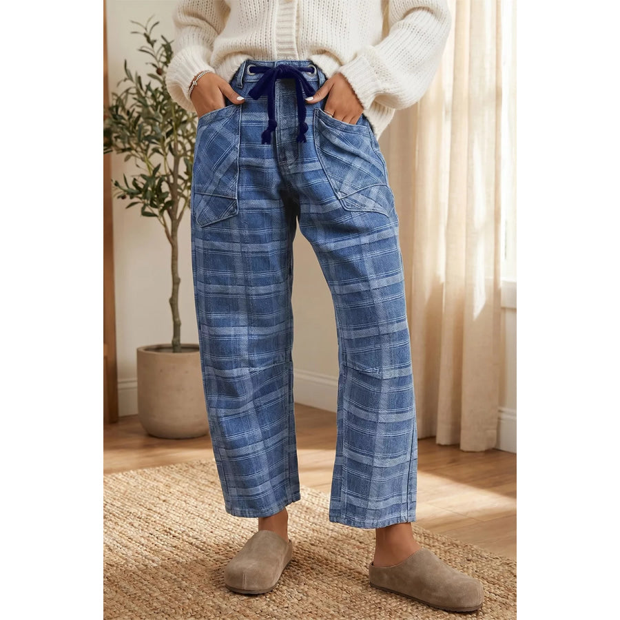 Plaid Denim Grommet Drawstring Waist Ankle-Length Jeans Apparel and Accessories
