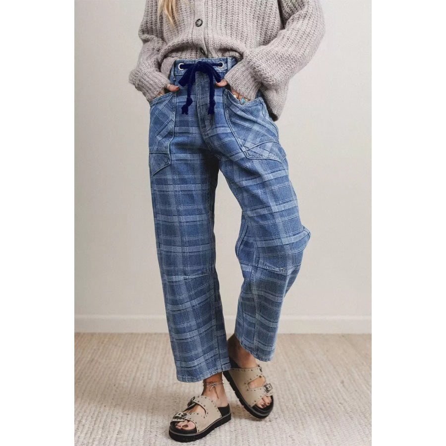 Plaid Denim Grommet Drawstring Waist Ankle-Length Jeans Apparel and Accessories