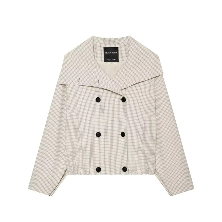 Plaid Double-Breasted Cropped Jacket Light Khaki / XS Apparel and Accessories