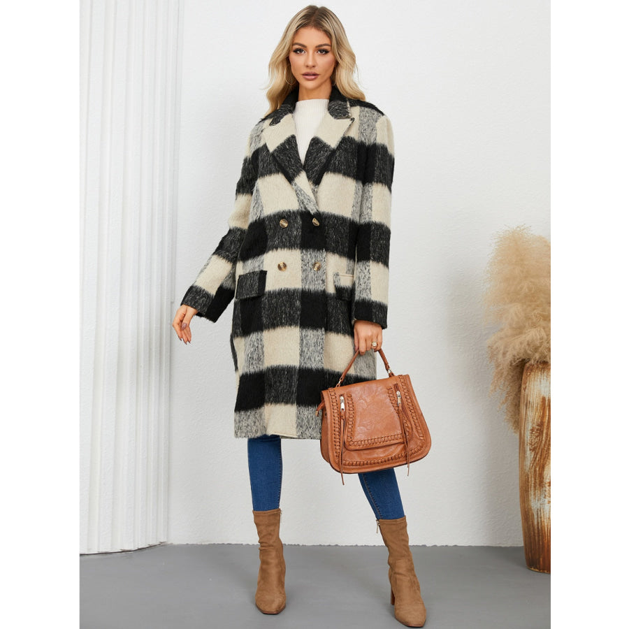 Plaid Double-Breasted Long Sleeve Coat Apparel and Accessories