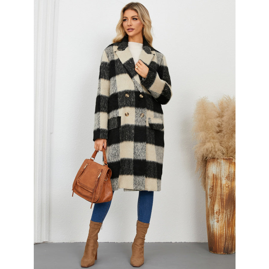 Plaid Double-Breasted Long Sleeve Coat Apparel and Accessories