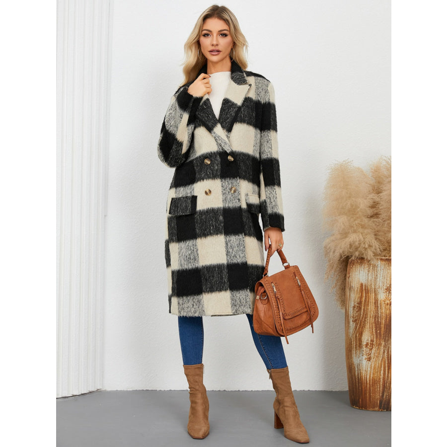 Plaid Double-Breasted Long Sleeve Coat Black / S Apparel and Accessories