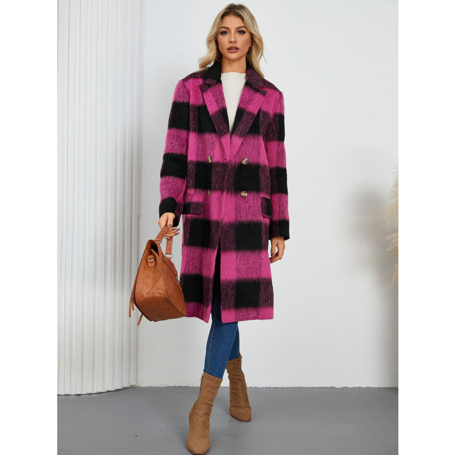 Plaid Double-Breasted Long Sleeve Coat Hot Pink / S Apparel and Accessories