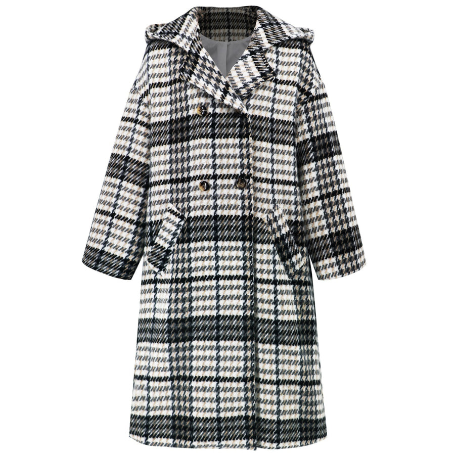 Plaid Double-Breasted Long Sleeve Longline Coat Apparel and Accessories