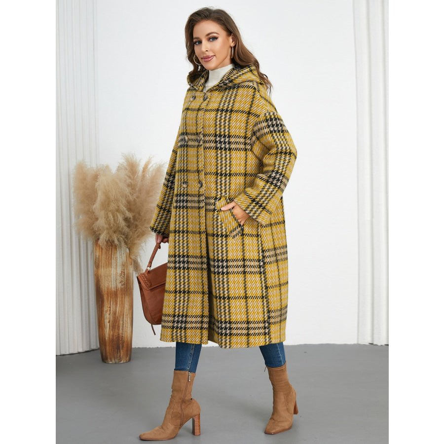 Plaid Double-Breasted Long Sleeve Longline Coat Apparel and Accessories