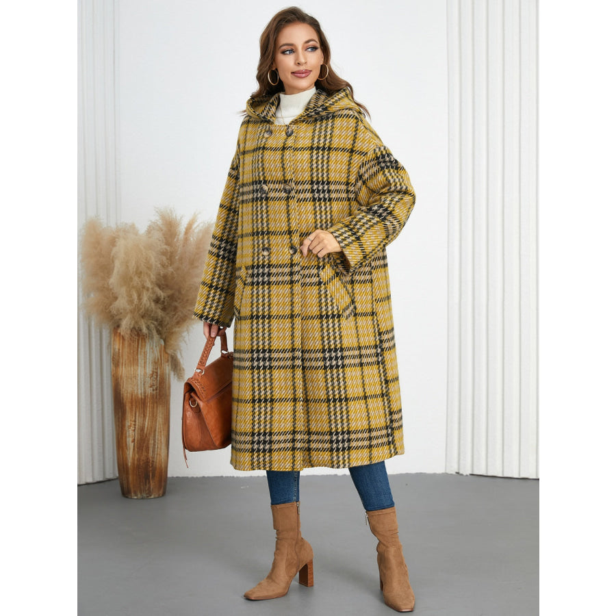 Plaid Double-Breasted Long Sleeve Longline Coat Apparel and Accessories