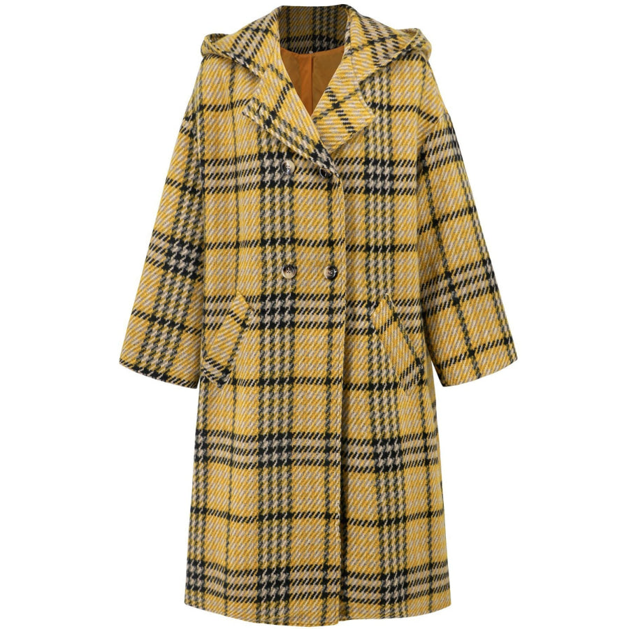 Plaid Double-Breasted Long Sleeve Longline Coat Apparel and Accessories