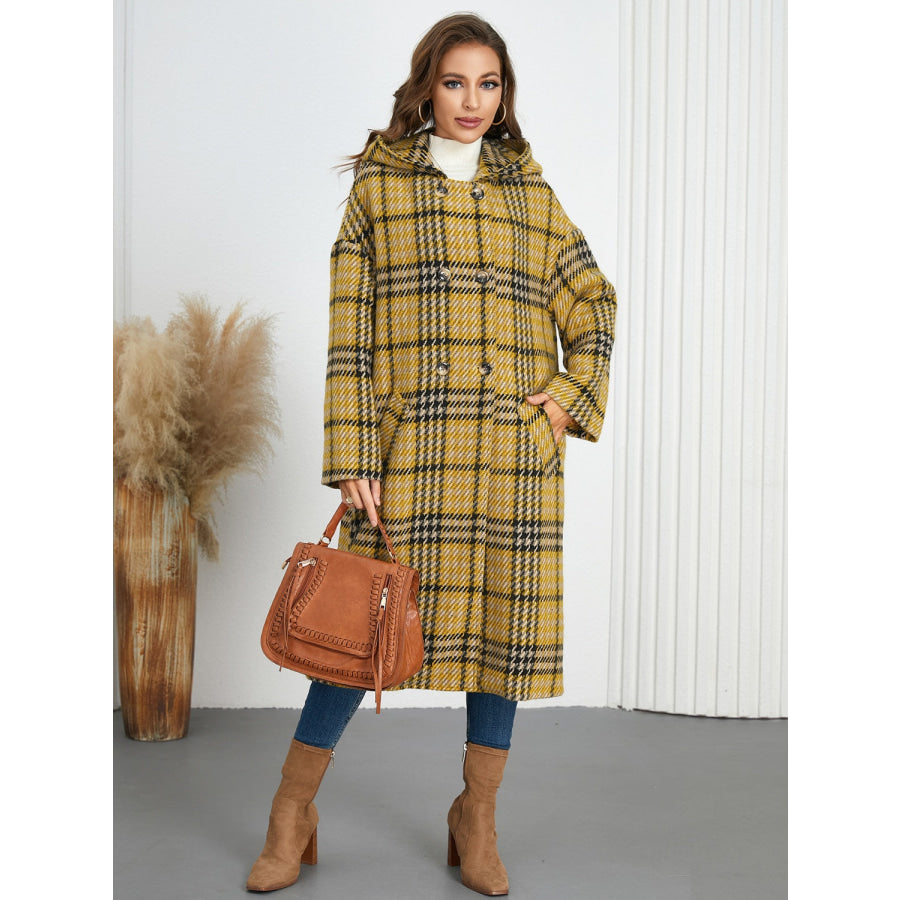 Plaid Double-Breasted Long Sleeve Longline Coat Apparel and Accessories