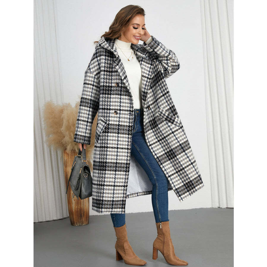 Plaid Double-Breasted Long Sleeve Longline Coat Apparel and Accessories