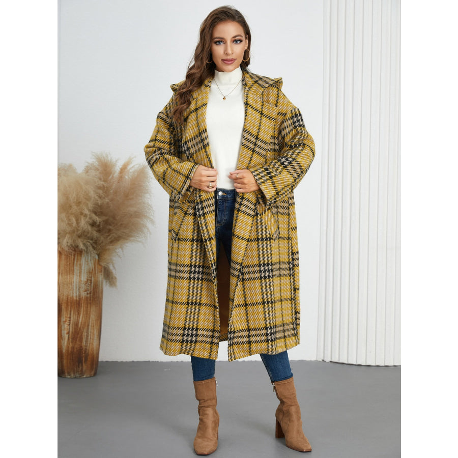 Plaid Double-Breasted Long Sleeve Longline Coat Apparel and Accessories