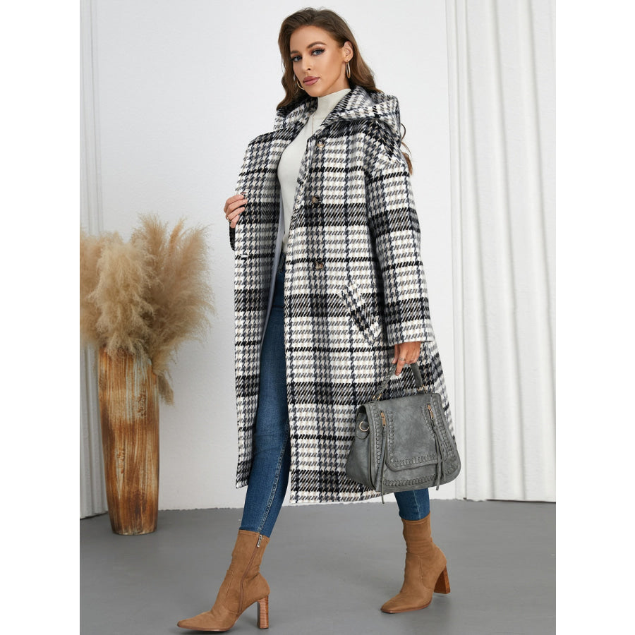 Plaid Double-Breasted Long Sleeve Longline Coat Apparel and Accessories