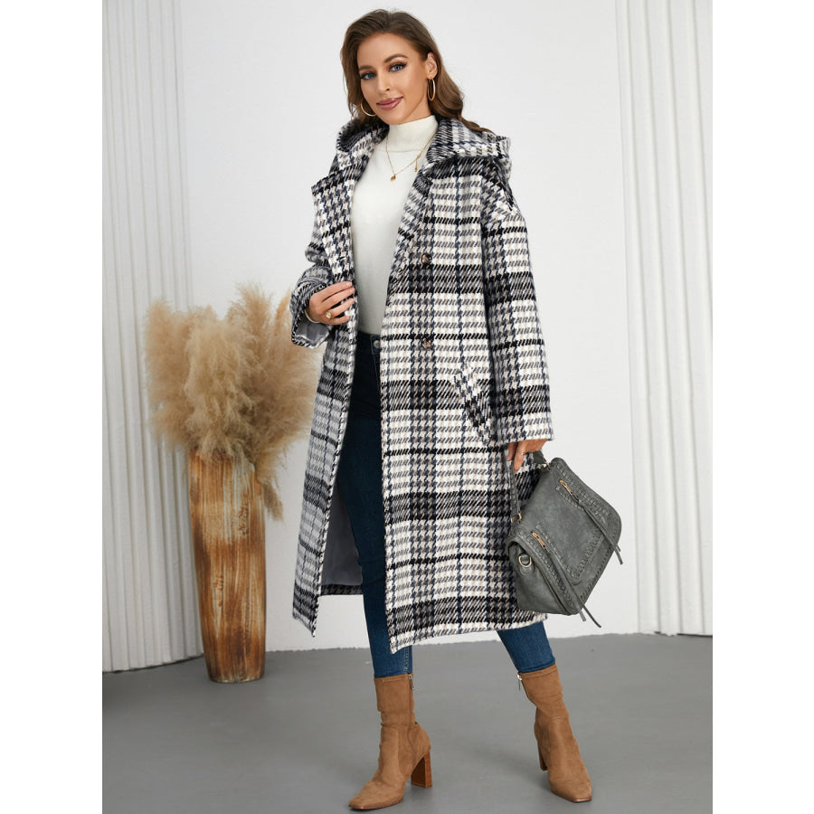 Plaid Double-Breasted Long Sleeve Longline Coat Apparel and Accessories