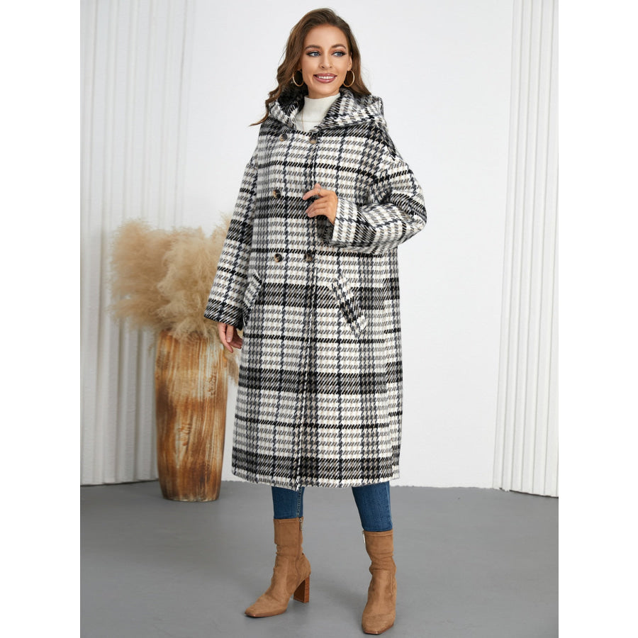 Plaid Double-Breasted Long Sleeve Longline Coat Black / S Apparel and Accessories