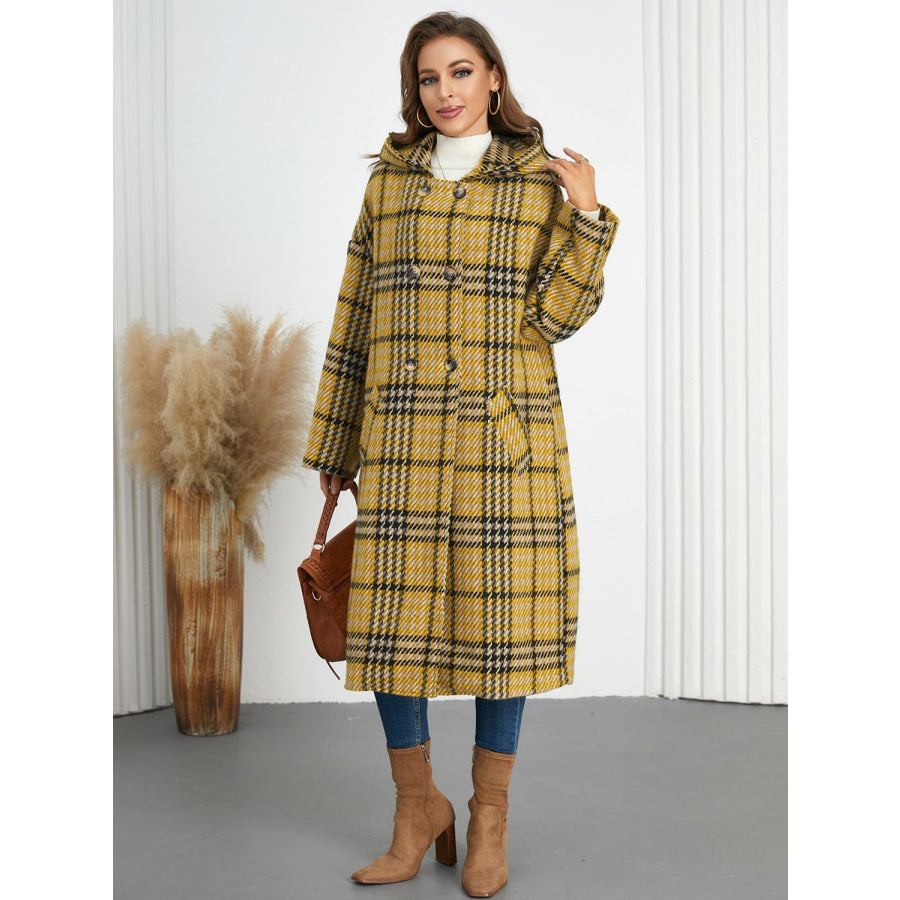 Plaid Double-Breasted Long Sleeve Longline Coat Mustard / S Apparel and Accessories