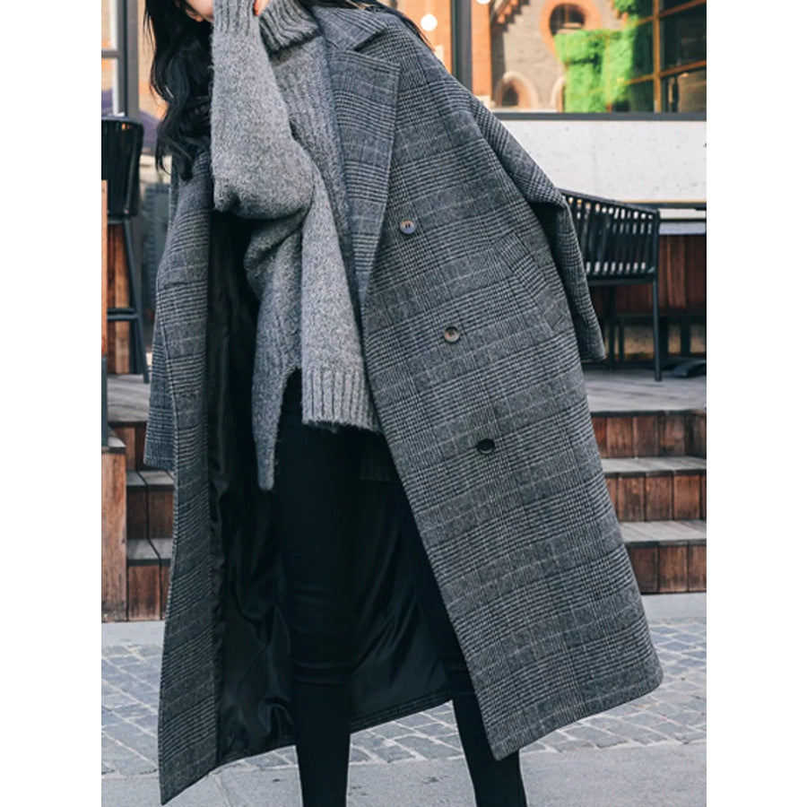 Plaid Double-Breasted Longline Overcoat Gray / S Apparel and Accessories