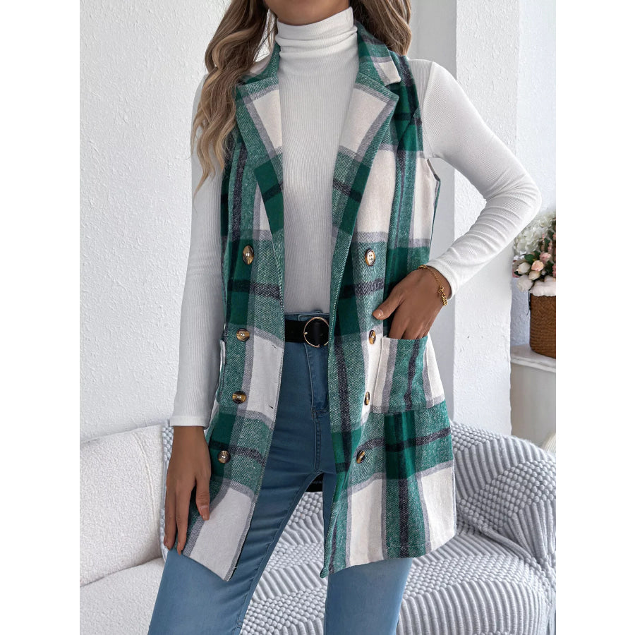 Plaid Double-Breasted Vest Coat Green / S Apparel and Accessories