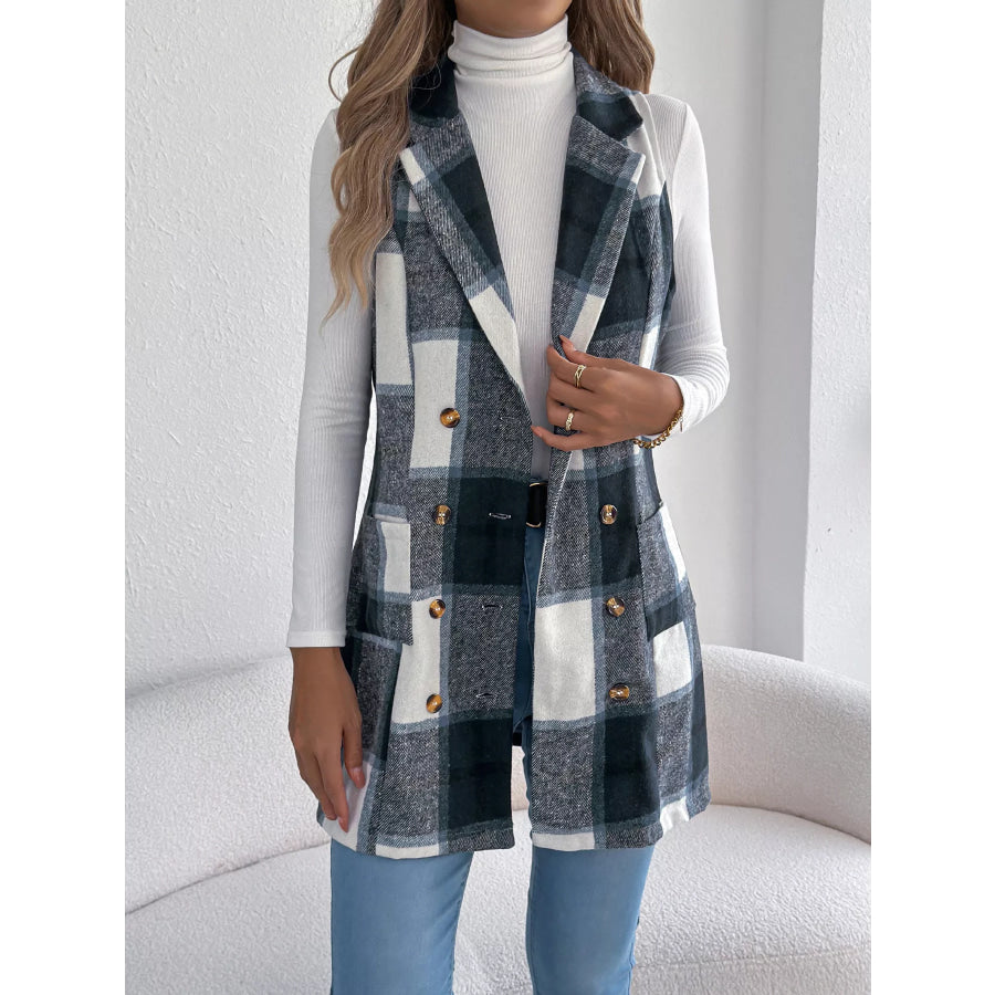 Plaid Double-Breasted Vest Coat Navy Blue / S Apparel and Accessories