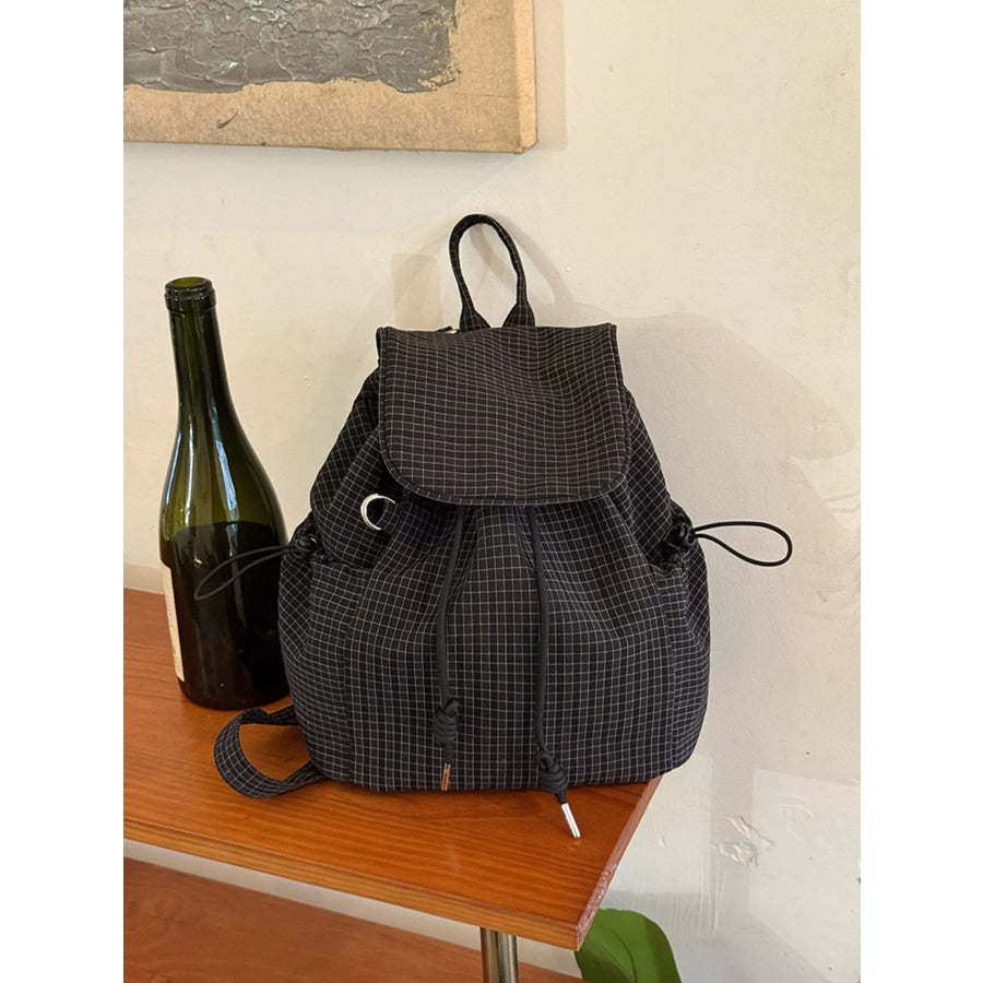 Plaid Drawstring Closure Backpack Bag Black Plaid / One Size Apparel and Accessories
