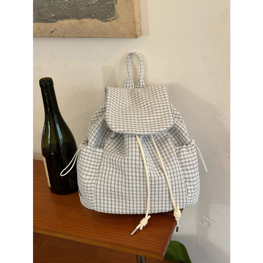 Plaid Drawstring Closure Backpack Bag White / One Size Apparel and Accessories
