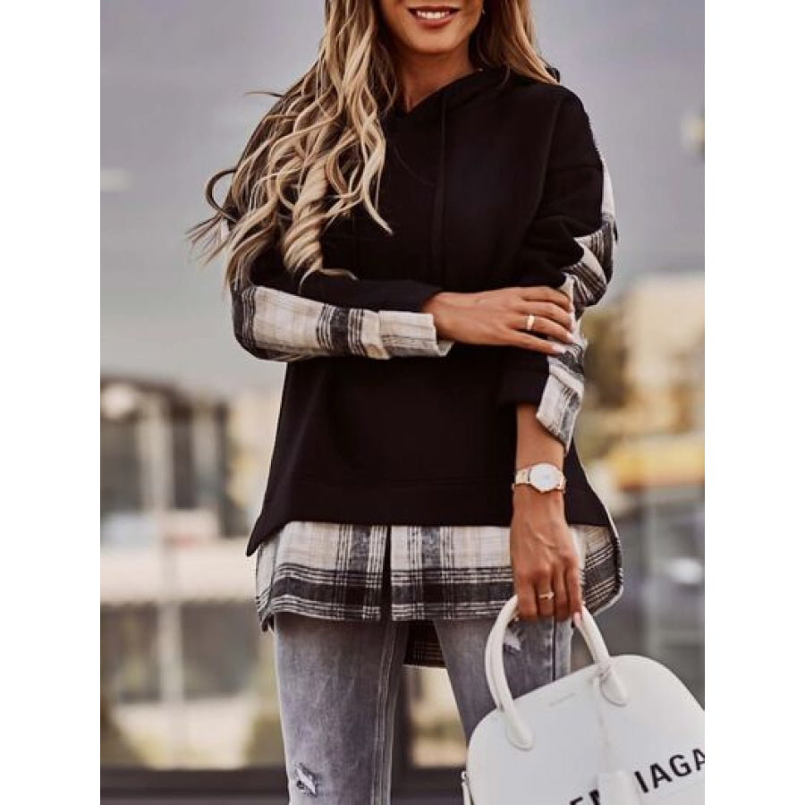 Plaid Drawstring Dropped Shoulder Hoodie Apparel and Accessories