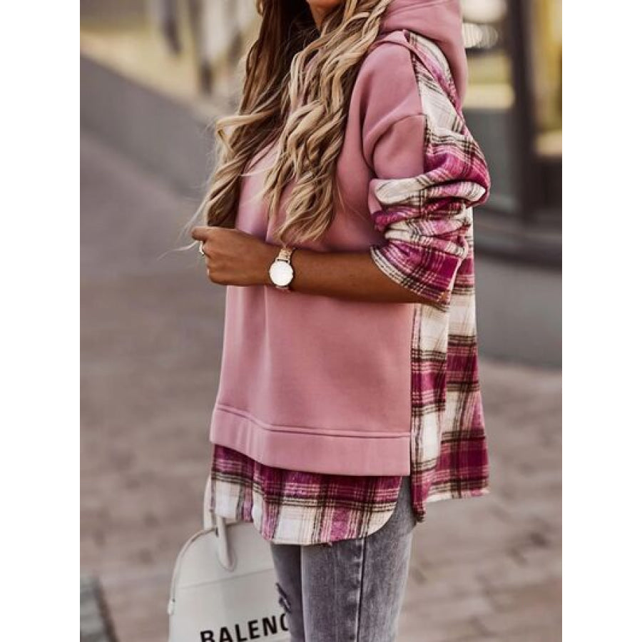Plaid Drawstring Dropped Shoulder Hoodie Apparel and Accessories