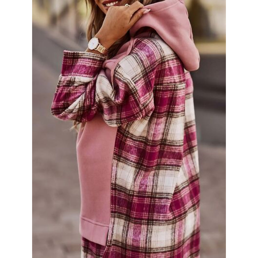 Plaid Drawstring Dropped Shoulder Hoodie Dusty Pink / S Apparel and Accessories