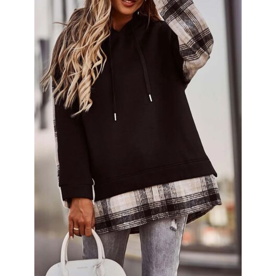 Plaid Drawstring Dropped Shoulder Hoodie Black / S Apparel and Accessories