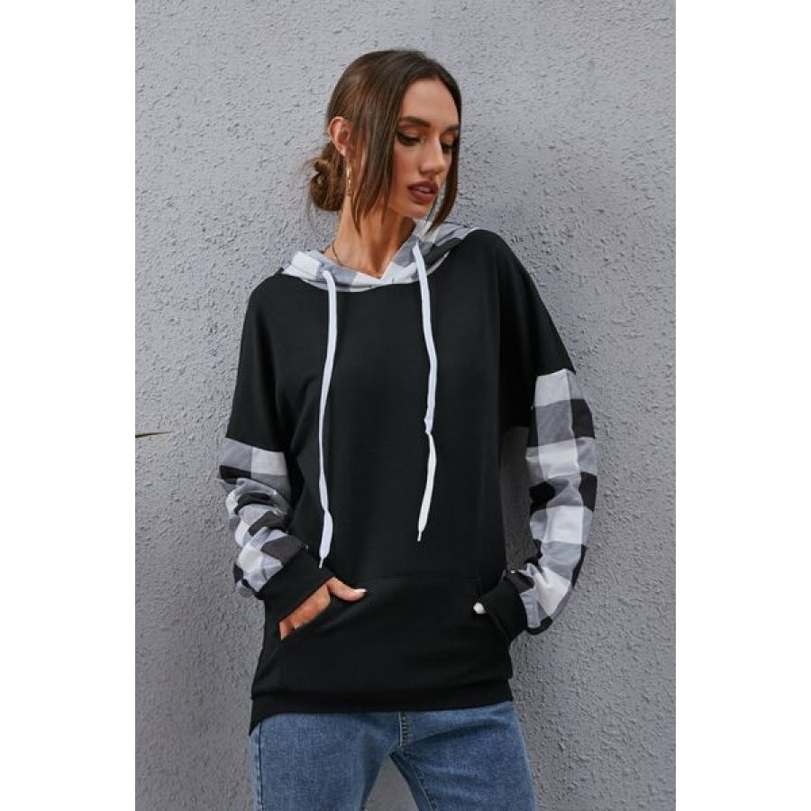 Plaid Drawstring Dropped Shoulder Hoodie Black / S Clothing