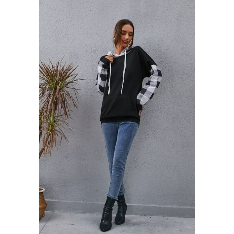 Plaid Drawstring Dropped Shoulder Hoodie Clothing